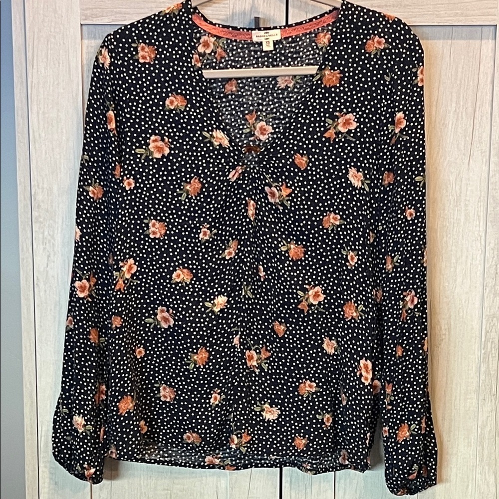 Mason & Belle Navy and White Polka Dot Blouse with Floral Design